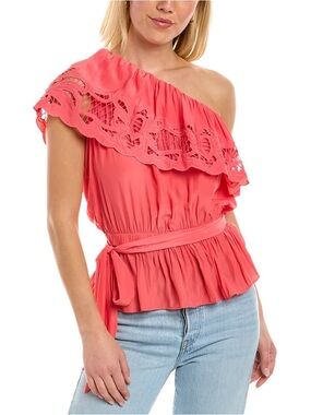Ramy Brook One-Shoulder Coral Levon Top Eyelet Ruffle with Waist Tie SZ S